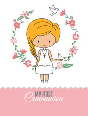 Communion card girl. Girl sitting in a flower frame with a dove in her hand