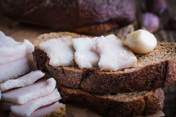 Traditional Ukrainian appetizer, raw lard with garlic and salt