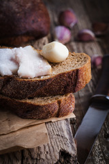Traditional Ukrainian appetizer, raw lard with garlic and salt