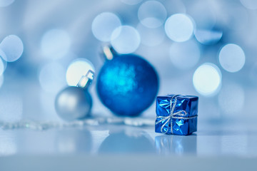 christmas balls and decoration on the blue background