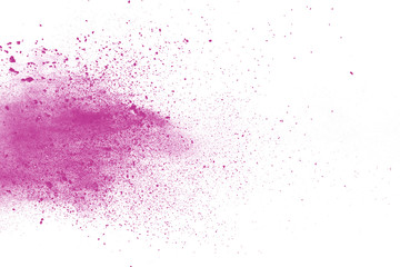 Pink powder explosion on white background. Paint Holi.