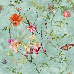 Behang Vintage bloemen Waterverf het schilderen van blad en bloemen, naadloze patroonachtergrond