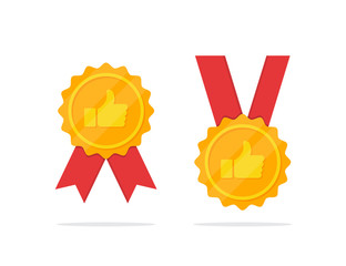 Set of golden medal with thumb up icon in a flat design