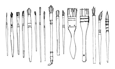 Vector sketch of different types of brushes for watercolor. Artistic brushes for creativity.