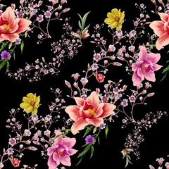 Wallpaper murals Orchidee Watercolor painting of leaf and flowers, seamless pattern on dark background