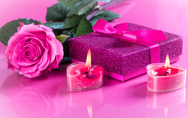 Obraz na płótnie Canvas Valentine Gift Box With Rose and Candles