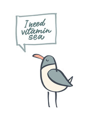 Seagull with speech bubbles. I need vitamin sea Quotes. Hand drawn vector illustration. The sketch drawing.