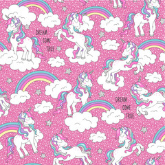 Beautiful unicorn pattern. Trendy seamless vector pattern on a pink background.