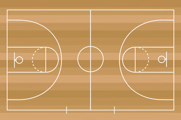 Basketball on Court Floor close up with blurred arena in background. Vector illustration.