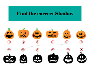 Find correct shadow. Kids educational game.set of Pumpkin