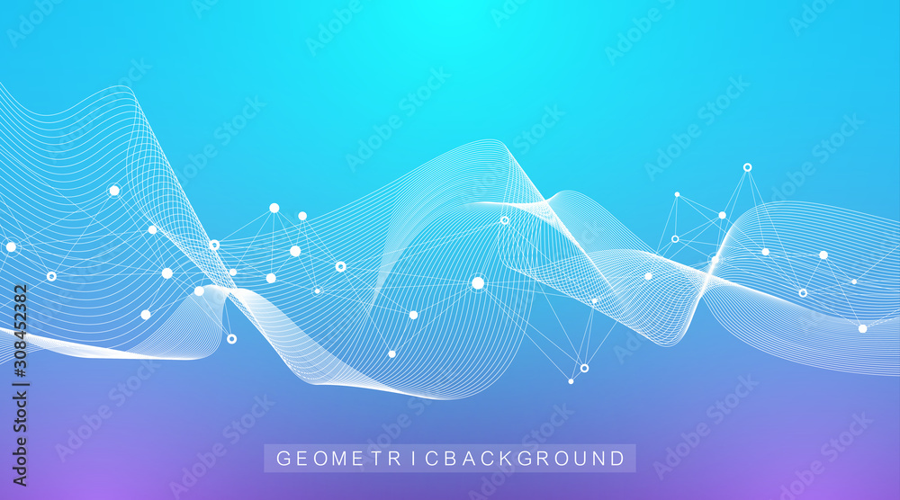 Poster Abstract dynamic motion lines and dots background with colorful particles. Digital streaming background, wave flow. Plexus stream background. Big Data technology, vector illustration