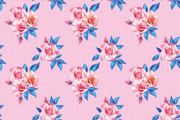 Horizontal seamless pattern pink rose blue leaves