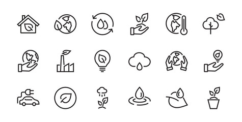 Set of icons on the theme of Ecology, vector lines, contains icons such as electric car, global warming, forest, eco, watering plants and much more. Editable stroke, White background