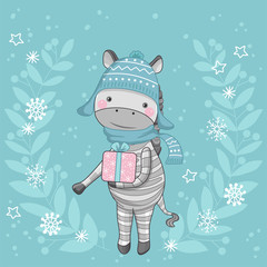 Christmas card with a cute zebra. Vector illustration of Christmas theme. Palce your text.