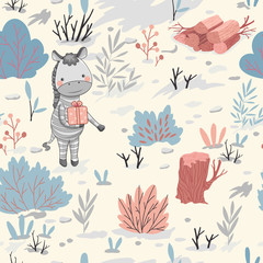Christmas seamless pattern with a cute zebra. Vector illustration of Christmas theme.