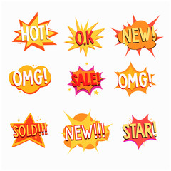 Collection of Cartoon, Comic Speech Bubbles. Colored Dialog Clouds with Pop Art Style