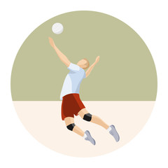 Volleyball player hits the ball on simple background.Round sport icon. Male cartoon character play volleyball. Team sport. Flat vector illustration.