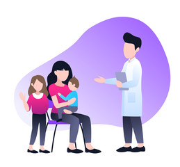 Obraz premium Pediatric clinic. Clinical pediatric checkup, mother holding sick toddler and doctor with stethoscope listening his lungs. healthcare vector illustration