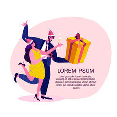 Happy Festive Woman and Man Friends, Loving Romantic Couple with a Present and a glass of Champagne for Christmas New Year Holiday. Santa Hat