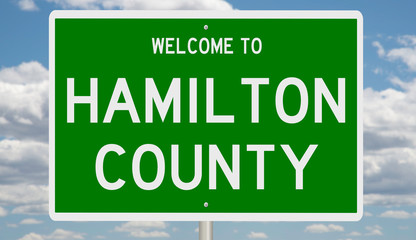 Rendering of a 3d green highway sign for Hamilton County