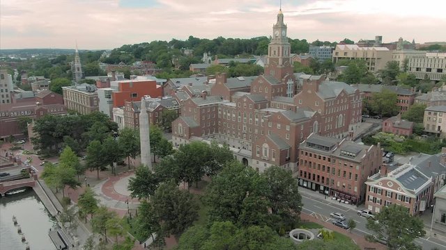 Aerial: Superior Court Building & memorial statue in Downtown Providence. Rhode Island, USA. 27 August 2019