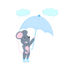 Cartoon mouse with umbrella. Funny rat. Mice. Symbol of Chinese New Year 2020.