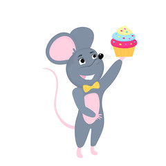 Obraz na płótnie Canvas Cartoon mouse holds Birthday cake. Funny rat. Mice. Symbol of Chinese New Year 2020.