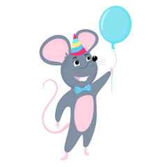 Cartoon mouse in party hat holds balloon. Funny rat. Mice. Symbol of Chinese New Year 2020.