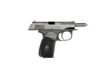 isolated combat black pistol with cartridges on a white background