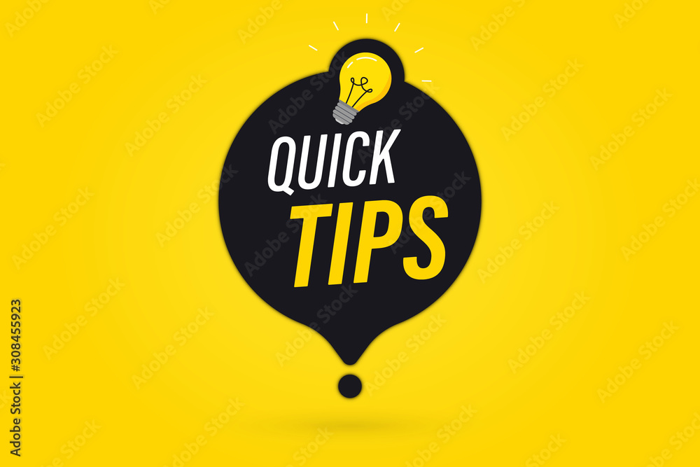 Poster Quick tips, helpful tricks vector logos, emblems and banners. Quick Tips badge with light bulb and speech bubble. Helpful idea, solution and trick