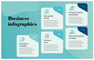 Business infographic Vector with 5 steps. Used for business presentation, information, education, connection, marketing, project, strategy, technology, creative, abstract, stairs,i dea, text, work.