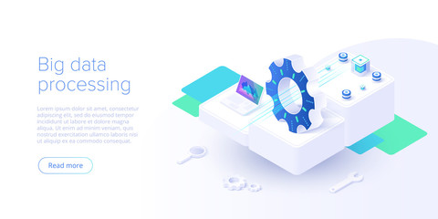 Big data technology in isometric vector illustration. Information storage and analysis system. Digital technology web banner layout template for website landing page. - obrazy, fototapety, plakaty