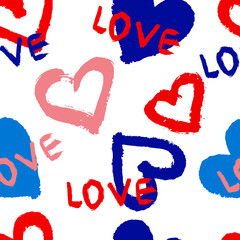 Abstract trendy seamless pattern. Colourful wallpaper in blue and red colours. Brush strokes, hearts shape, letters, hand drawn in doodle style. Simple print with phrase Love you.