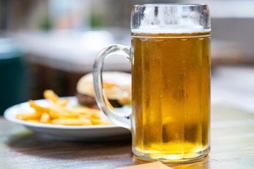 cold beer and delicious hamburger
