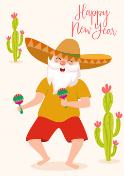 Happy New Year. Funny card with Santa in sombrero. Vector illustration.