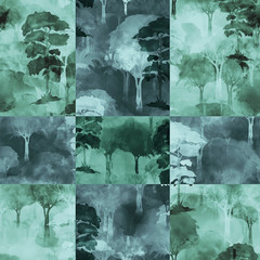 Watercolor seamless pattern with vintage pattern. Silhouette of a tree, bush, forest. Beautiful, fashionable pattern for wallpaper, fabrics,  design. Green autumn forest. Trendy art background.