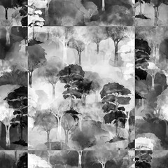 Watercolor seamless pattern with vintage pattern. Silhouette of a tree, bush, forest. Beautiful, fashionable pattern for wallpaper, fabrics,  design.   white, Gray, black winter, night trees