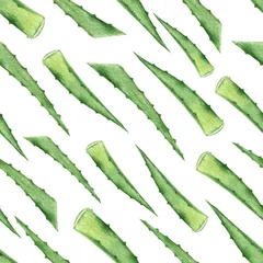 Behang Aquarel vector naadloze patroon met groene aloë bladeren. © ElenaMedvedeva