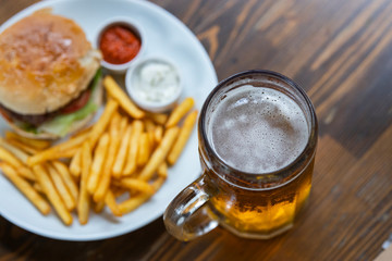 cold beer and delicious hamburger