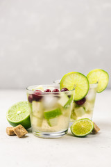 Christmas drink,citrus, apple cranberry sparkling cocktail on light background. Selective focus, copy space.