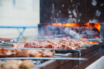 Cooking shashlik on the mangal