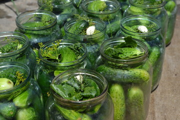Blanks for the winter. Homemade. Cucumbers in jars. Pepper. Horizontal