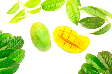 Fresh mango - beautiful chopped fruit with green leaves on white background. Tropical fruit design concept. Copy space .