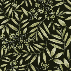 green leaves branches and flowers, freehand drawing in pencil , seamless pattern - 308461553