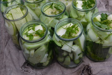 Homemade food. Pepper, parsley. Natural products from the garden. Village, cottage, farm, cellar. Tasty and healthy. Marinated Cucumbers and zucchini