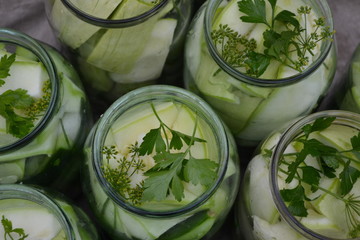 Obraz premium Pepper, parsley. Homemade food. Natural products from the garden. Village. Preservation, Spice. Blanks. Marinated Cucumbers and zucchini