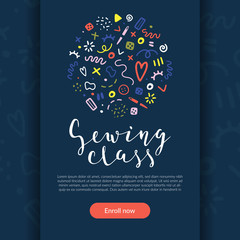 Sewing class, colorful promotion web banner for crafts, tailoring or dresmaking courses. Lettering phrase on colorful background with doodle illustrations, vector template, place for your text.