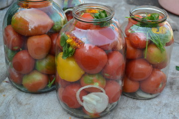 Pepper. Spice. Homemade food. Natural products from the garden. Village, cottage, farm. Tasty, healthy. Preservation. Blanks for the winter. Marinated. Red and yellow tomatoes in jars