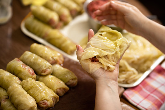 Cabbage rolls filled with minced meat and rice in bowl, sarma