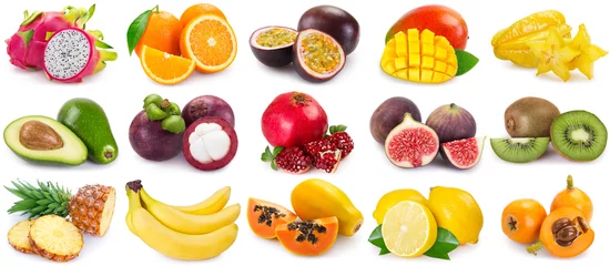 Fototapete Obst Sammlung von frischen Früchten auf weißem Hintergrund